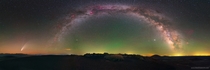 Massive  degree panorama showcasing Comet NEOWISE the Milky Way and green airglow