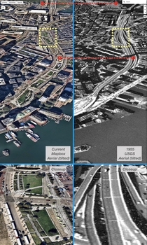 Megaproject comparison aerials Rose Kennedy Greenway surface parks replace Bostons  elevated highway The B Big Dig project put I- underground and has transformed downtown Boston 