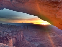 Mesa Arch framing the Buck Canyon and La Sal Mountains at sunrise Canyonlands National Park UT Camped overnight and woke up at am to stake out a spot for this incredible sight 