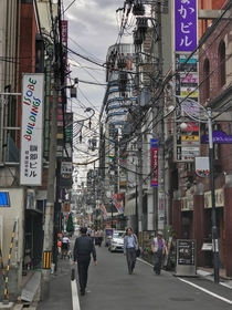 Messy overhead cables in Osaka Japan 