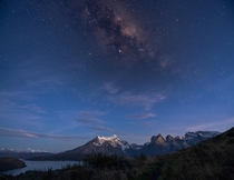 Milky Way over Paine Massif just before sunrise Chilean Patagonia