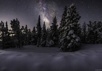 Milky Way panorama of a snowy scene in Colorado made of single exposures 