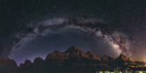 Milky Way panorama over The Watchmen Fantastically dark skies even with the light from Springdale to the right Zion National Park Utah 