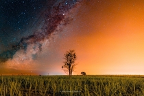 Milky Way rising and city lights in Brazil 
