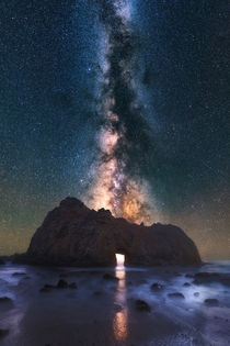 Milky Way shining through an arch on the California Coast 