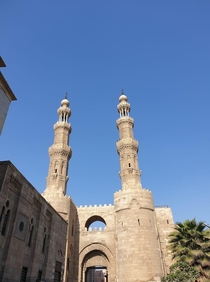 Minarets of the Mosque of Sultan al-Muayyad on top of the Fatimid-era gate Bab Zuweila  Cairo Egypt