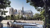 Miysis Studios Notre-Dame reconstruction concept with glass roof and replica spire 