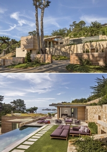 Modern Carmel Highlands residence constructed of stone and exposed wood California by Studio Schicketanz Photo Robert Canfield 