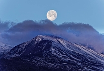 moon setting and Etna Volcano 