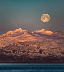Moonset over the Icelandic mountains while the sun rises  - IG glacionaut