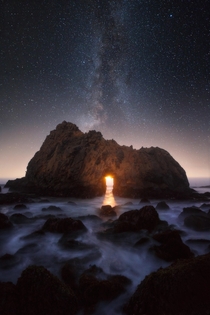 MoonsetMilky Way through Keyhole Arch in Big Sur 