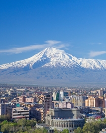 Mount Ararat and the Yerevan Skyline in spring Armenia