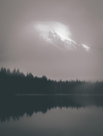 Mt Hood appearing through the fog Trillium Lake OR 