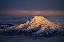 Mt Rainier at sunset from the air  