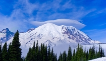 Mt Rainier wearing its famous cloud cap 