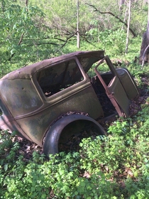 My friend came across this abandoned car two miles deep in the woods outskirts of Hennepin Illinois 