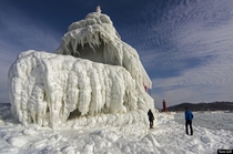 Natural ice sculpture - Grand Haven Lighthouse on Lake Michigan 