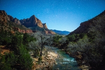 Nighttime view of the iconic Watchman from the Bridge Zion National Park Utah 