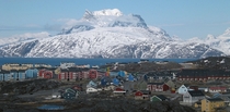 Nuuk population  the capital of Greenland with the Sermitsiaq mountain in background 