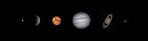 OC Some of my latest images of the six nearest planets to Earth from left to right - Mercury Venus Mars Jupiter Saturn and Uranus Imaged on different nights during the past year with a ZWO ASI MC camera a x TeleVue barlow and an  inch SC scope Processed w