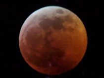 OC The Blood Moon during full eclipse via my smartphone looking through a digiscope southeastern US
