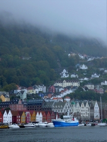 Ominous conditions in Bergen Norway with clouds covering Mount Flyen 