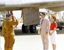 On July th  astronauts Mattingly and Hartsfield salute President Reagan after piloting Columbia on the final Space Shuttle test flight and landing at Edwards Air Force Base Afterwards Reagan gave a speech declaring the shuttle operational 