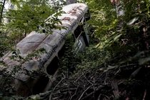 One of seven buses I found dumped in the woods  In Kansas City near the Kaw River