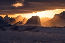 One of the most beautiful display of sunrays Ive witnessed to this day Winter sunset on the Lofoten Islands Norway 