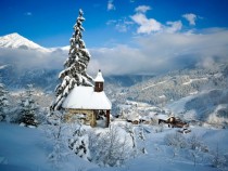 Overview of snowy European village 