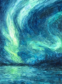 Painting I did of the northern lights reflecting on a frozen lake