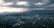 Panorama of Skopje as a storm gathers Taken from Mount Vodno 