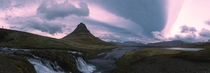 Panoramic of Kirkjufell in Iceland on a stormy morning OC 