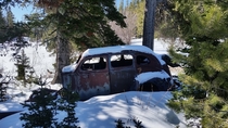Parked in the snow woods Bogart Ranch Bozeman MT
