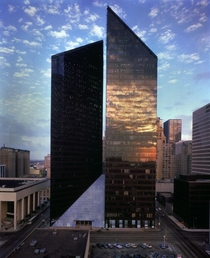 Pennzoil Place Houston by Philip Johnson and John Burgee  The space between the two towers is just ten feet 