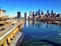 Philadelphia Skyline over the frozen Schuykill River 