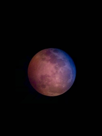 Picture my grandmother took of the blood moon through a neighbors telescope - love the colors
