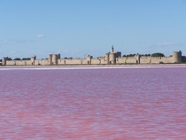 Pink salty waters near the city walls of Aigues-Mortes in the South of France 