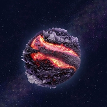 Planetary figure created using d modeling and a photograph of lava the rest drawn in photoshop