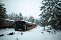 Radioactive train carriages dumped in the woods near Yanov railway station in the Chernobyl Exclusion Zone Photo taken Jan 