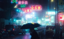 Rainy night in neon-lit Hong Kong 
