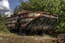 Rare desirable - and so rusty its probably past saving - a DUKW in a breakers yard on the redundant RAF Folkingham airbase 