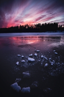 Red sundown on frozen lake Central Finland 
