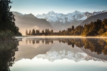 Reflection on Lake Matheson in New Zealand 