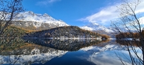 Reflective mountain lake between StMoritz and Silvanaplan Switzerland Last week of October  
