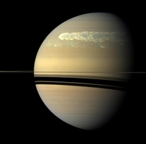 Right now theres a giant storm on saturn its so big that it changed the planets heartbeat