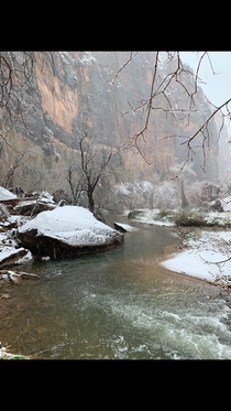 Riverside Walk at Zion National Park Utah Such a beautiful place the snow just made it that much better 