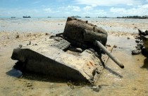 Rusty Sherman M Tank Resting in a Lagoon Tarawa Republic of Kiribati 