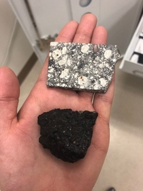 Sarah Hrst Assistant Prof of Planetary Science holds two samples of meteorites that came from the moon and mars The black one is martian and the grey one is lunar