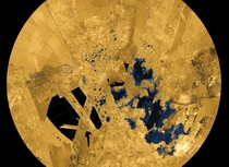 Saturns moon Titan would be unique in our solar system the only world with stable liquid lakes and seas on its surface  except for planet Earth of course This colorized map shows bodies of methane and ethane in blue and black still liquid at frigid temper